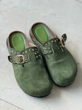 Green Faux Suede Studded Clog Slip-ons
